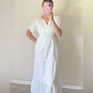 White Eyelet Maxi Dress Short Sleeve Cotton White Lined Women’s Small Me…